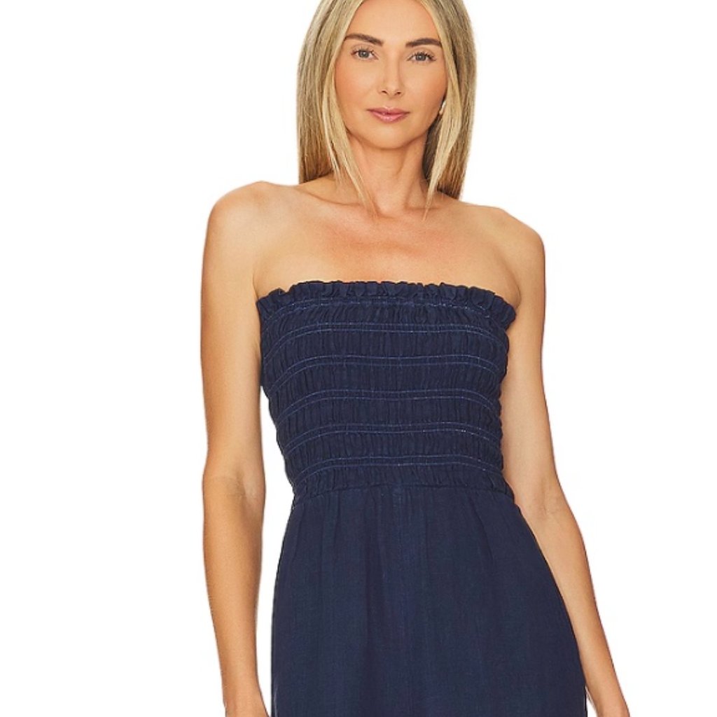 Nwt Bella Dahl Linen Smocked Strapless Wide Leg Jumpsuit Coastal Summer Night Sm